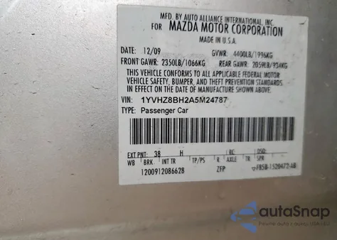 2010 Mazda 6 I z USA, uszkodzony, nr VIN 1YVHZ8BH2A5M24787